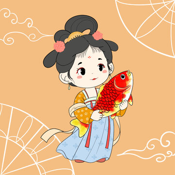 Q版唐朝小仕女抱鱼图