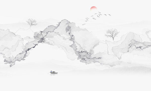 抽象水墨线条烟雾山水画