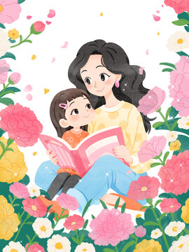 母女花丛中温馨共读
