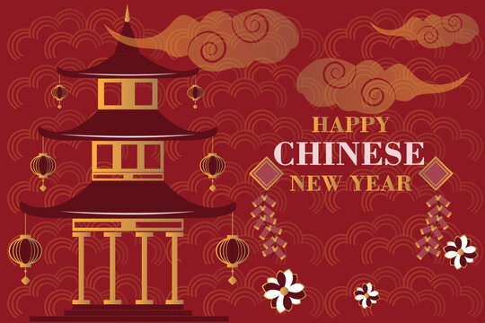 中式新年塔楼喜庆插画