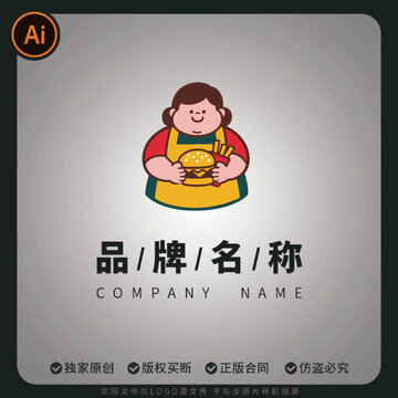 穿围裙的阿姨抱着汉堡炸鸡logo标志