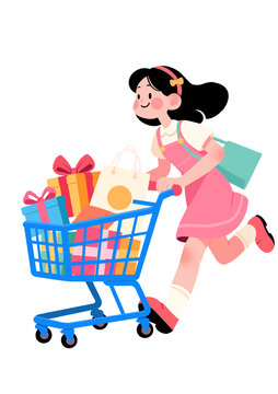 女孩推着购物车满载礼品