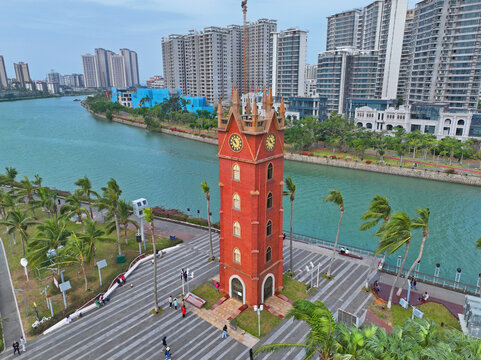 航拍海口钟楼古建筑骑楼老街