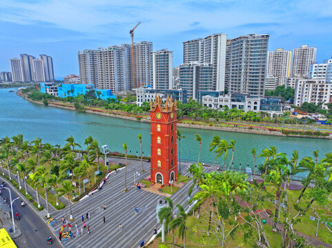 航拍海口钟楼古建筑骑楼老街