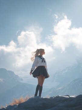 山顶上穿着校服的少女仰望天空