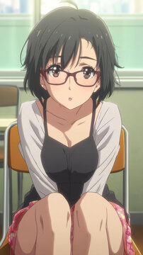 教室里戴眼镜的动漫女孩