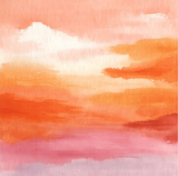 水彩画夕阳天空艺术抽象画