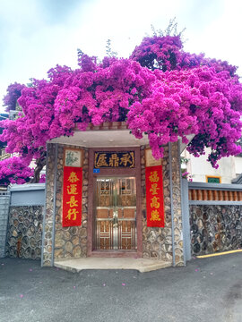繁花簇拥的中式庭院大门