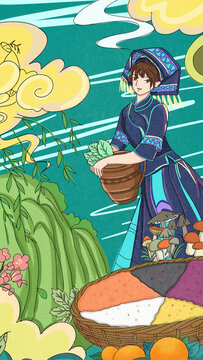 广西百色市民俗文化手绘插画抬烧猪