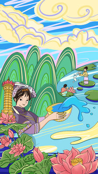 广西防城港民俗文化手绘插画