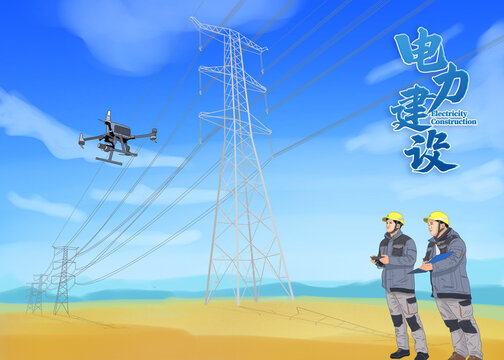 电力电网无人机运检电力勘测插画