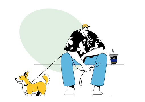 手绘矢量人物插画美式咖啡柯基萌宠插画
