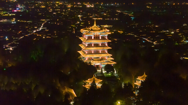 云南丽江古城万古楼夜景灯光秀航拍