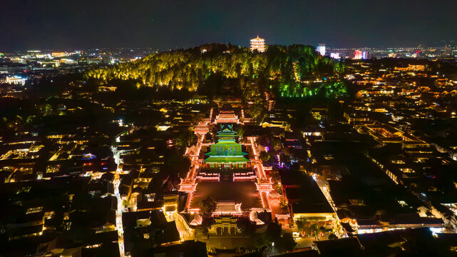 云南丽江古城万古楼木府夜景灯光秀航拍