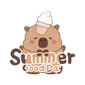 夏日萌兽卡皮巴拉与冰淇淋插画