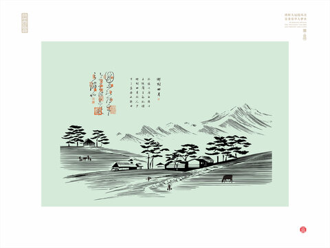 农村雪山线描图乡村四月