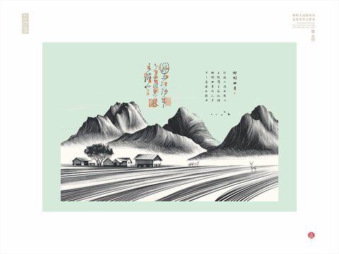 乡村田园雪地村庄插画