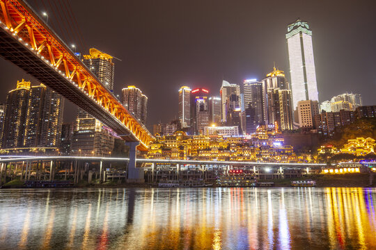 重庆千厮门大桥洪崖洞夜景