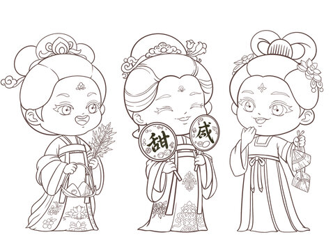 古风少女粽子甜咸之争趣味插画线条