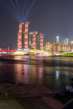 重庆璀璨夜景下的城市滨江风光