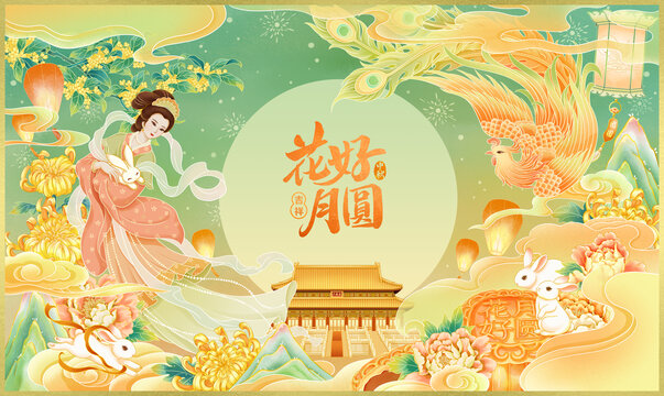 国潮中秋月饼包装插画