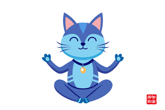 打坐冥想的蓝色卡通猫咪