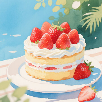 水彩夏天草莓蛋糕甜品夏季解暑奶油元素插画