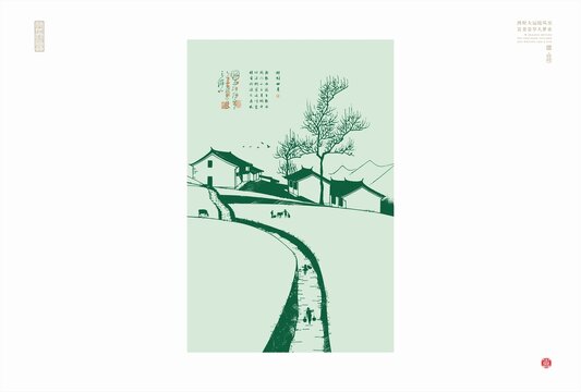 乡村四月田园风光线描图