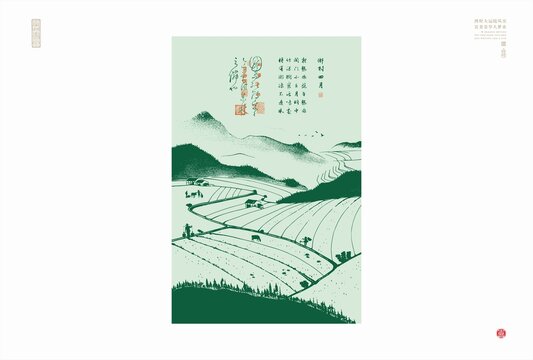乡村梯田线描图农村风光插画