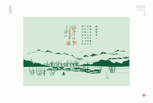 林海雪原风光矢量图乡村线描图