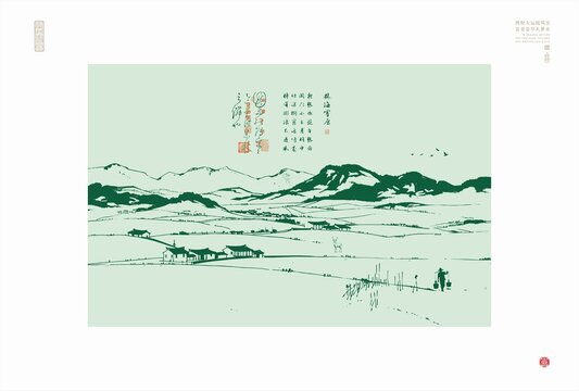 高山雪山农村风光线描图