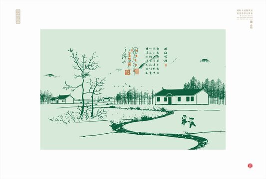 乡村田园风光线描图农村矢量图
