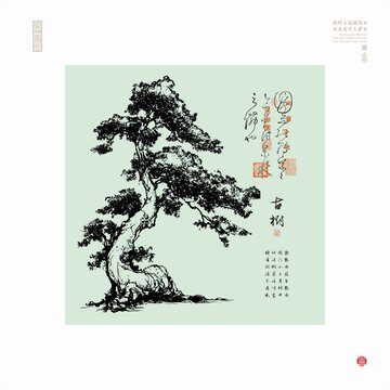 中式美学古柏古树线描插画