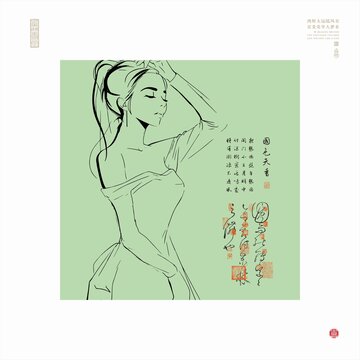 马尾女孩线条画女子插画