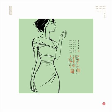都市裙装女子线描图人物插图