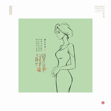 年轻女子线描图女性插画