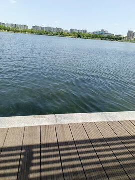 湖畔木栈道与城市风光