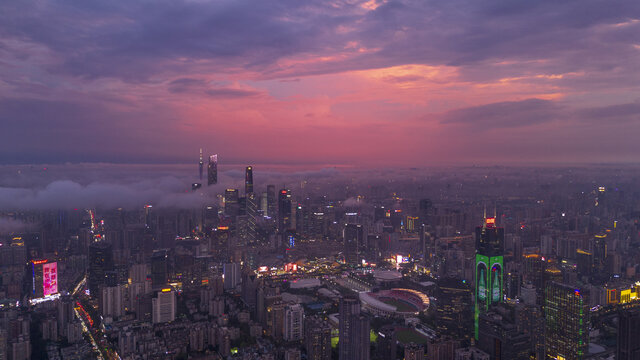 霞光笼罩下的广州都市夜景
