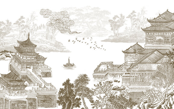 新中式刺绣楼阁山水壁画