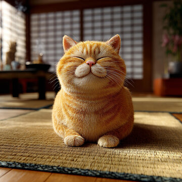 日式房间里快乐的橘猫