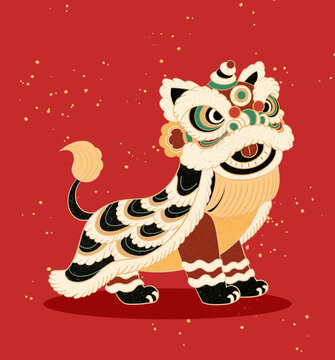 喜庆中国风舞狮插画