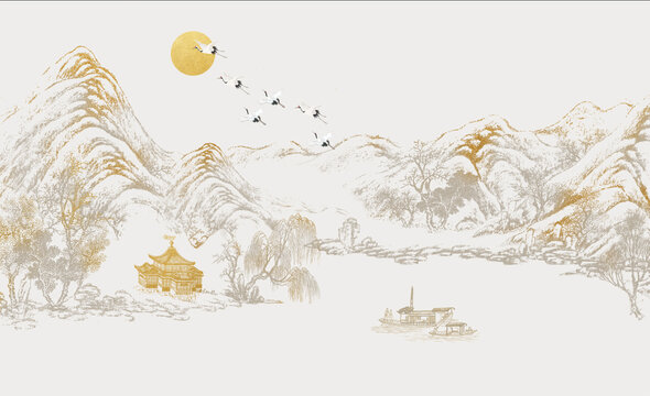 新中式线描肌理山水背景墙
