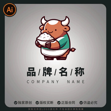 卡通小牛捧饭碗矢量LOGO商标可爱形象
