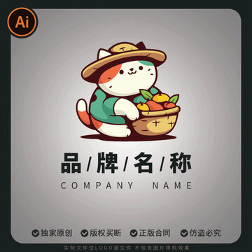 戴帽猫咪抱果篮卡通形象水果捞logo