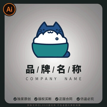 可爱猫咪碗状卡通标志设计猫粮logo