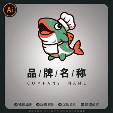 海鲜水产店矢量logo形象厨师小鱼标志