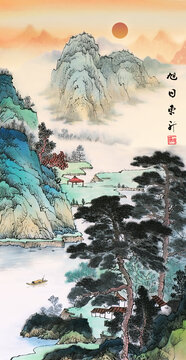 中式山水竖幅山水画