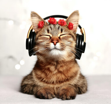 戴耳机听音乐的小猫咪