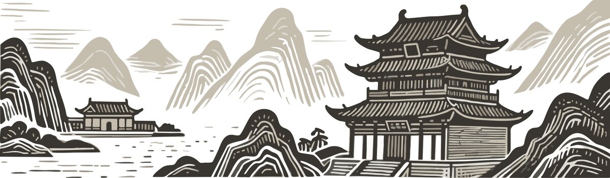 山水画卷插图版画素描底纹古建筑纹理矢量图