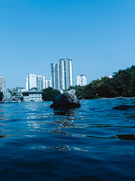 广州湖边的城市建筑和倒影